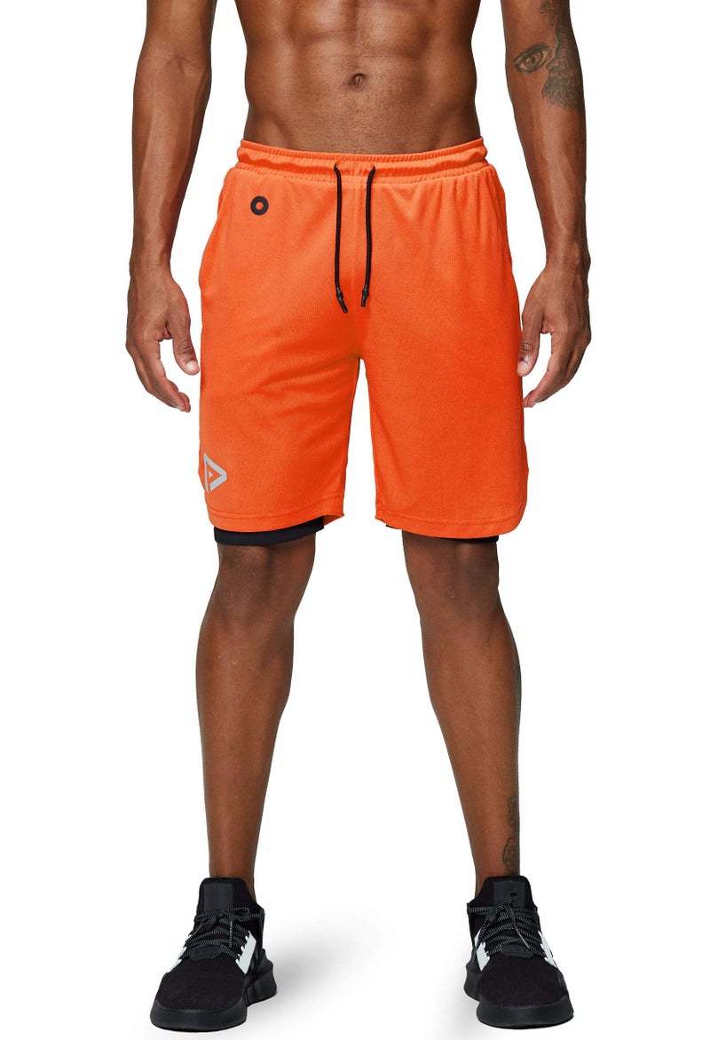 Pinkbomb Men's 2 in 1 Running Shorts Gym Workout Quick Dry Mens Shorts with Phone Pocket (Orange, Large - Image 4